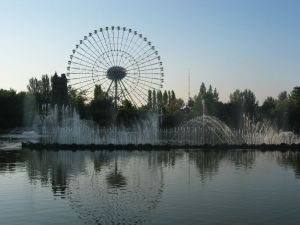 La ruota panoramica e le fontane del parco di Mirabilandia
